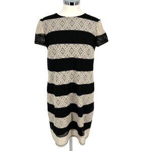 Maggy London Lace Striped Shift Short Sleeve Dress Black Ivory Cream Size 10